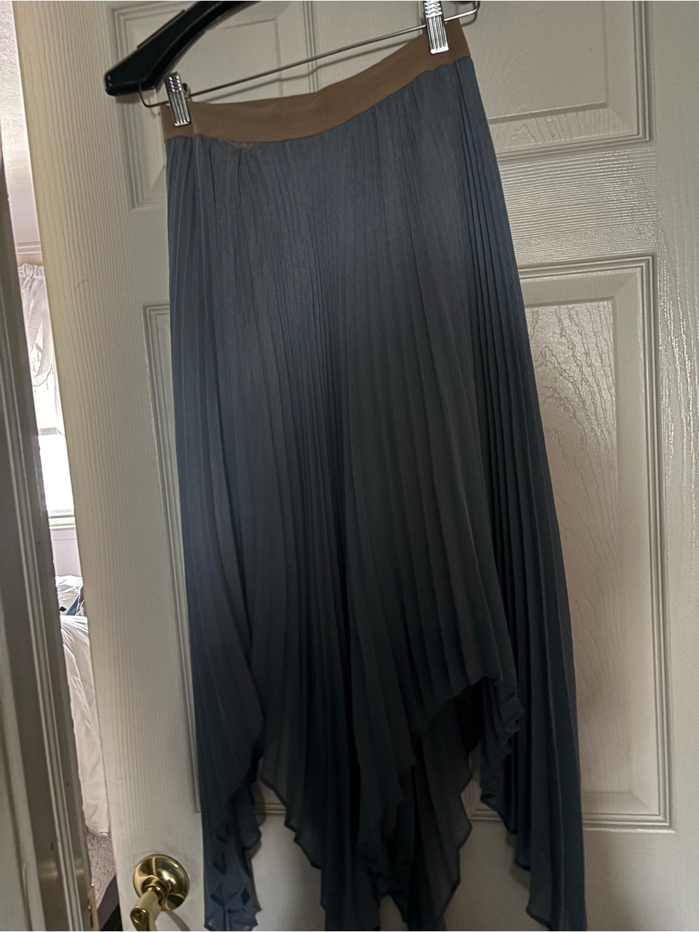 Pleated Handkerchief Hem Skirt in Charcoal with Tan Waistband